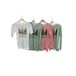 Lot‎ of 4 Christmas T Shirt Womens Sz S Green Pink White Merry Christmas L/S S/S